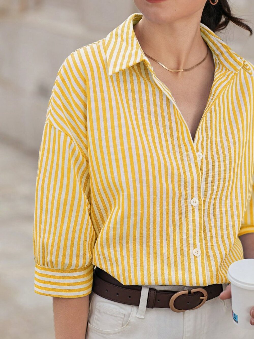 Multi-color Drop Shoulder Women's Long Sleeve Striped Casual Button-Down Shirt - Picture 6 of 6